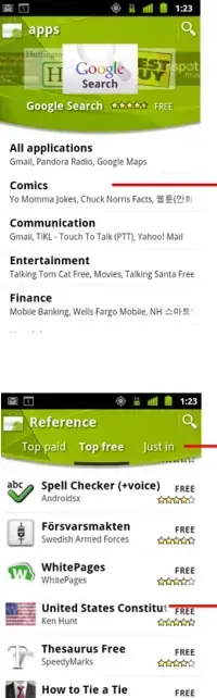 1On the Android Market home page, touch a top-level category, such as Apps or