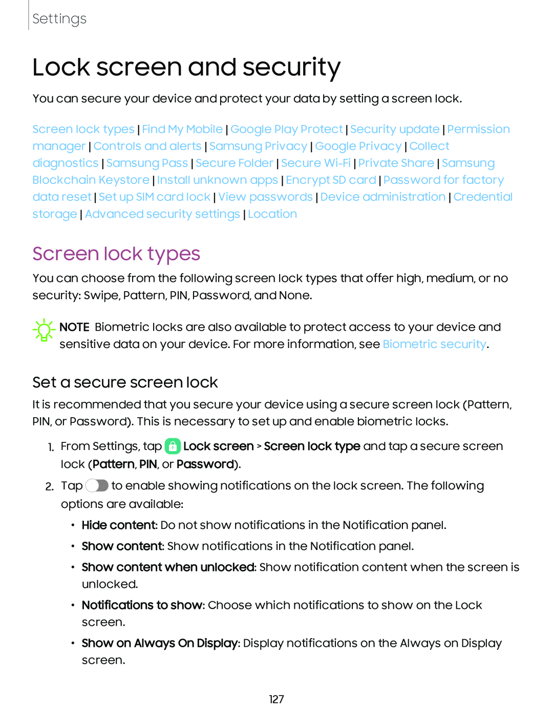 Screen lock types Galaxy A54 5G Verizon