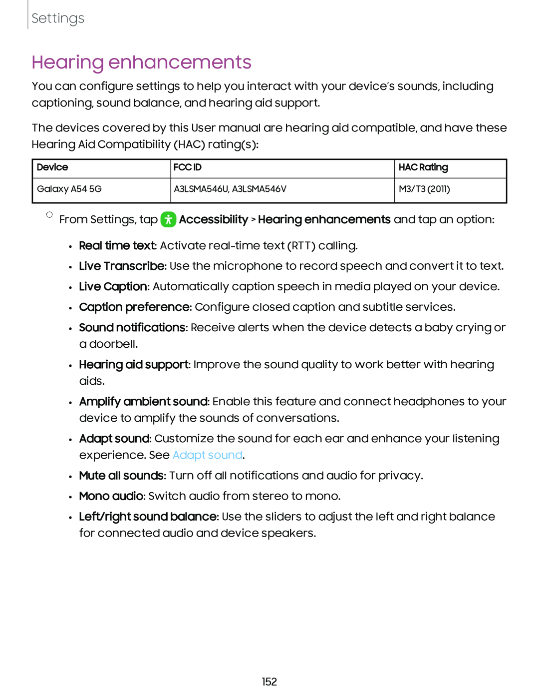 Hearing enhancements Galaxy A54 5G Verizon