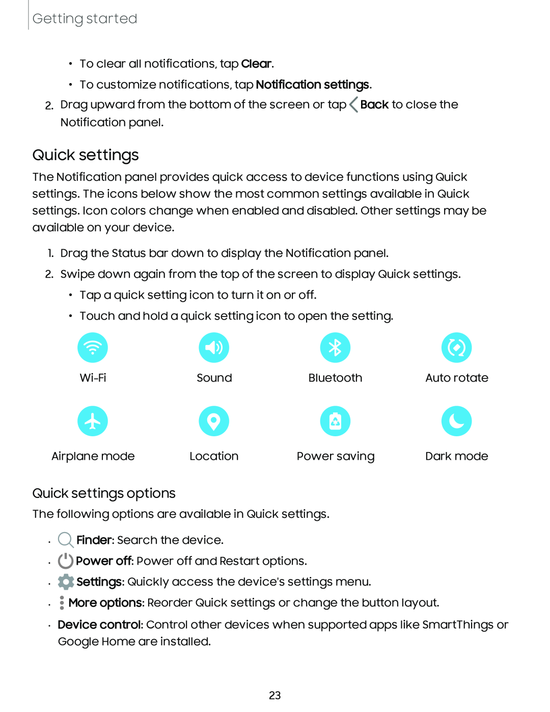 Quick settings Galaxy A54 5G Verizon