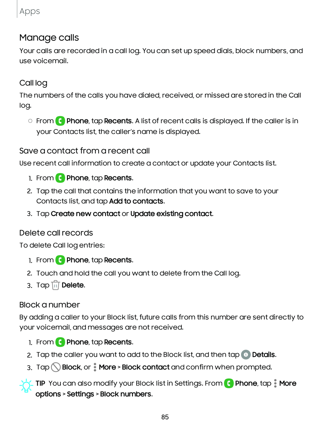 Delete call records Galaxy A54 5G Verizon