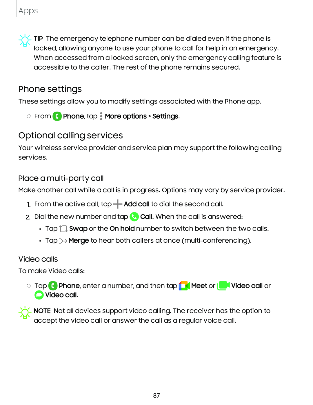 Optional calling services Galaxy A54 5G Verizon