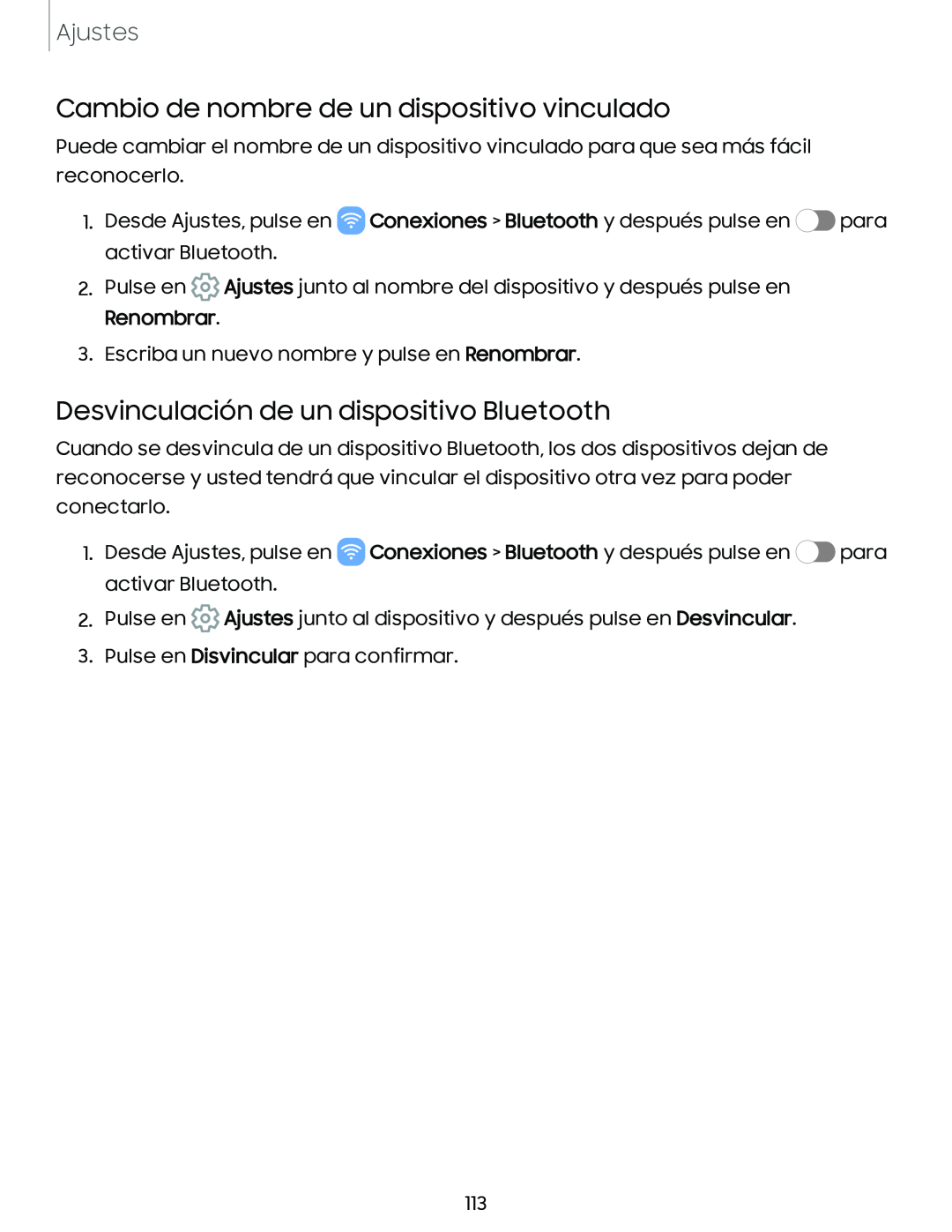 Cambio de nombre de un dispositivo vinculado Desvinculación de un dispositivo Bluetooth