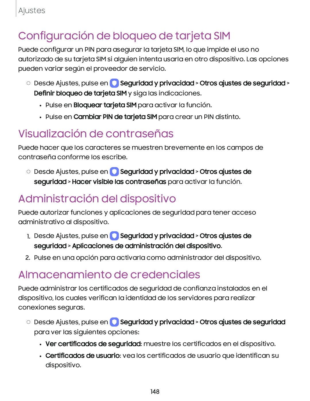 Configuración de bloqueo de tarjeta SIM Visualización de contraseñas