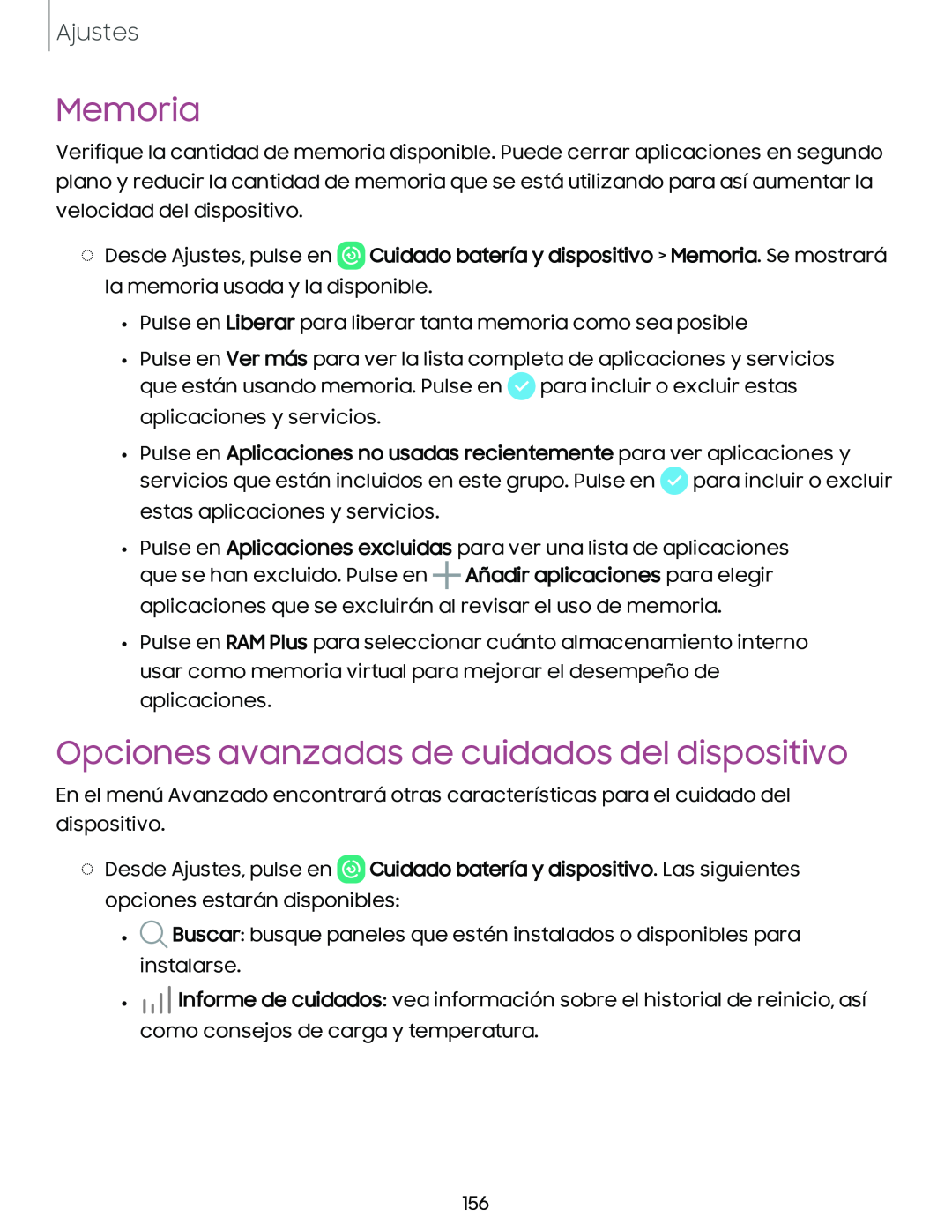 Memoria Opciones avanzadas de cuidados del dispositivo