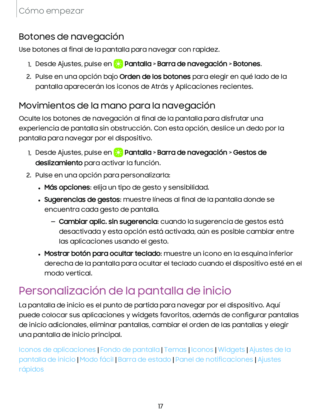 Botones de navegación Movimientos de la mano para la navegación