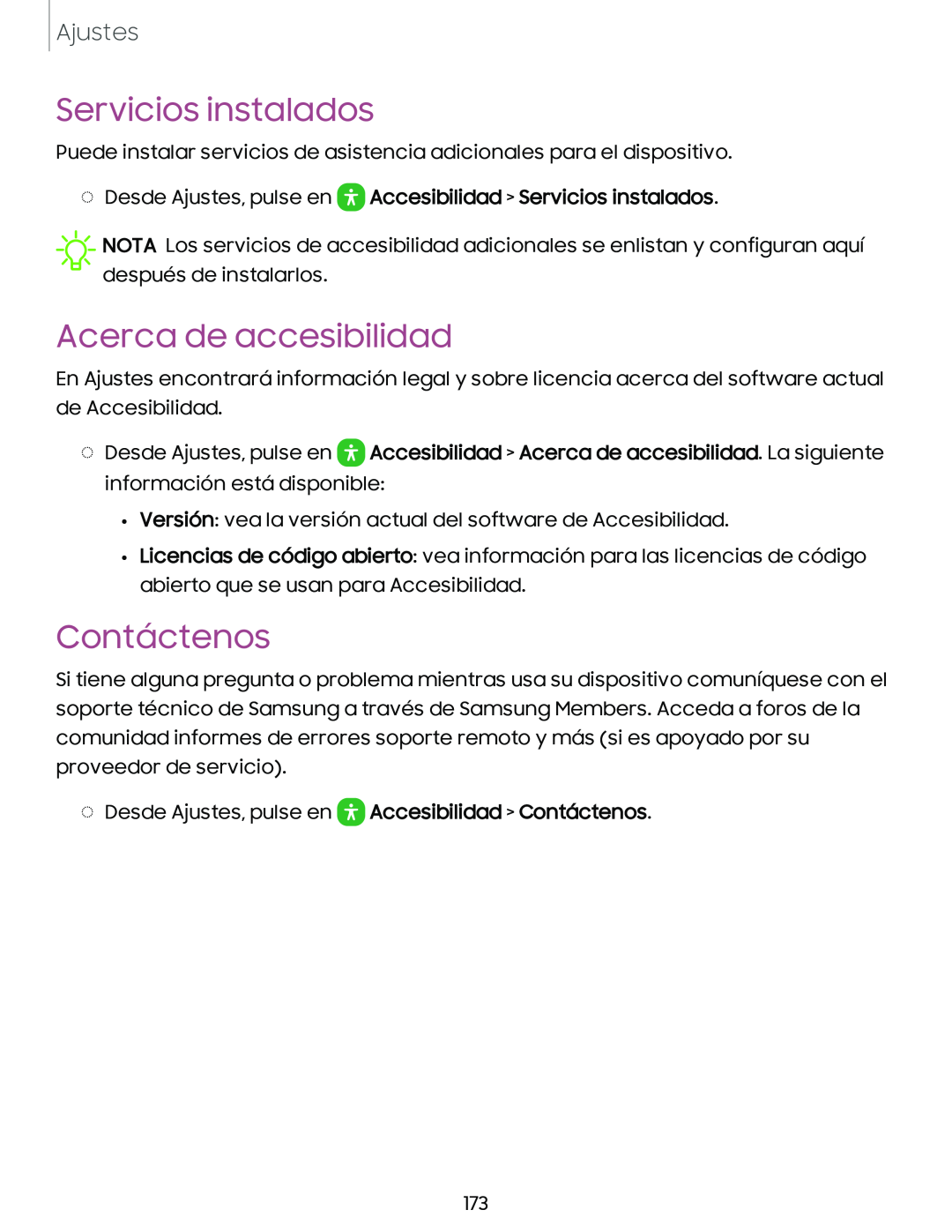 Servicios instalados Acerca de accesibilidad