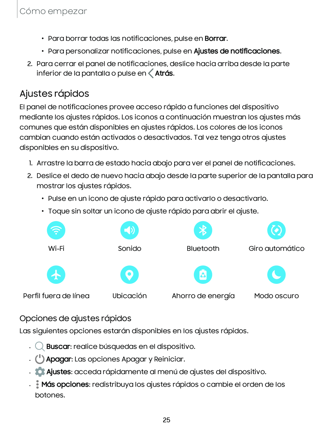 Opciones de ajustes rápidos Ajustes rápidos