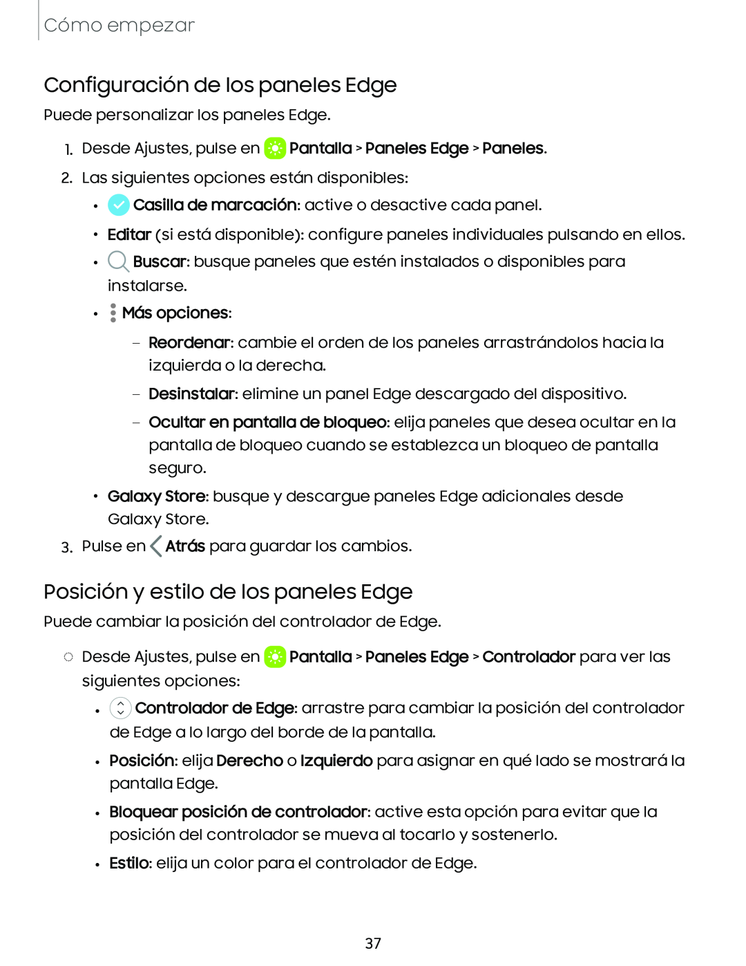 Configuración de los paneles Edge Posición y estilo de los paneles Edge