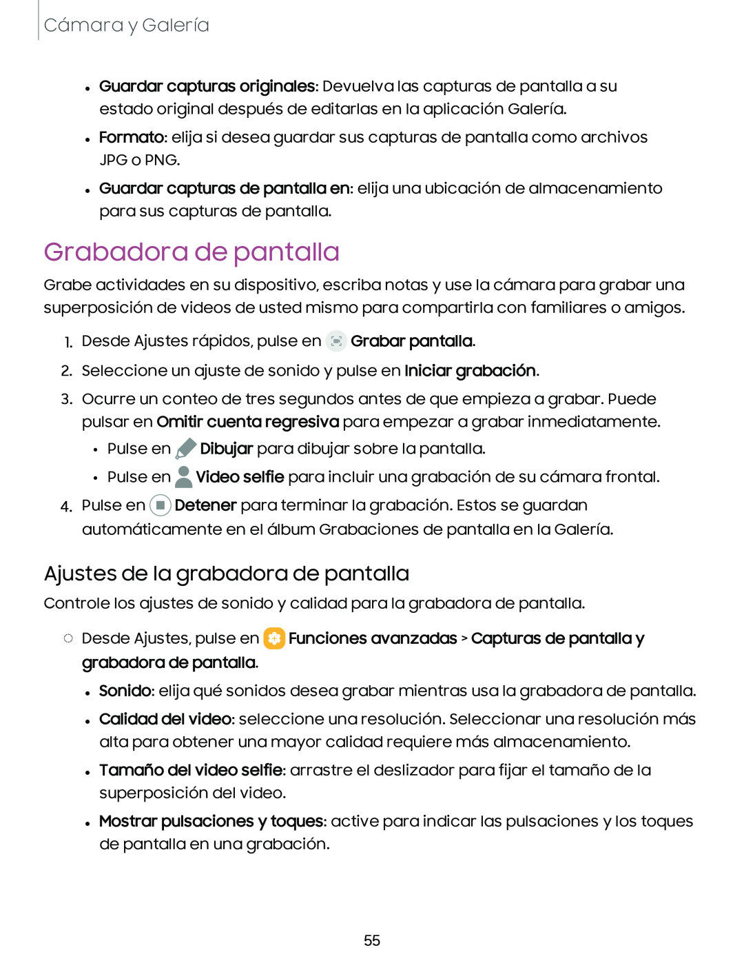 Ajustes de la grabadora de pantalla Galaxy A54 5G Verizon