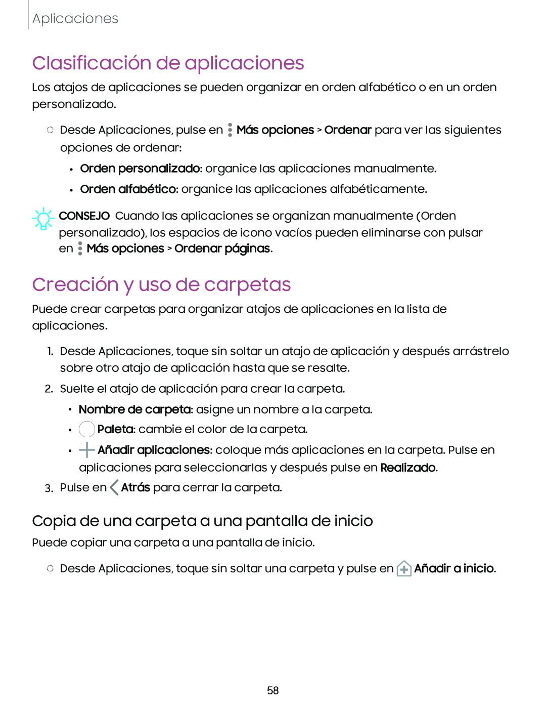 Copia de una carpeta a una pantalla de inicio Clasificación de aplicaciones