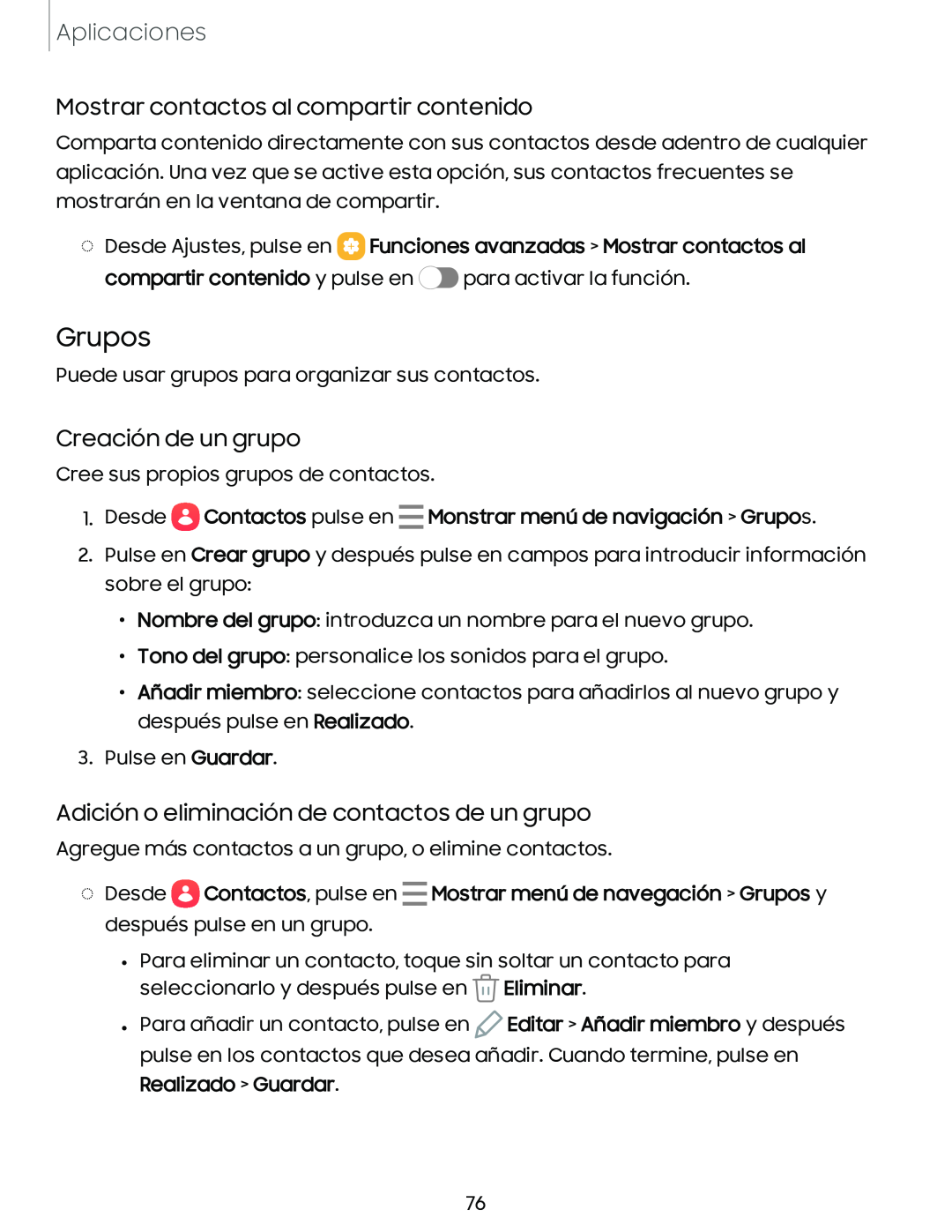 Mostrar contactos al compartir contenido Creación de un grupo