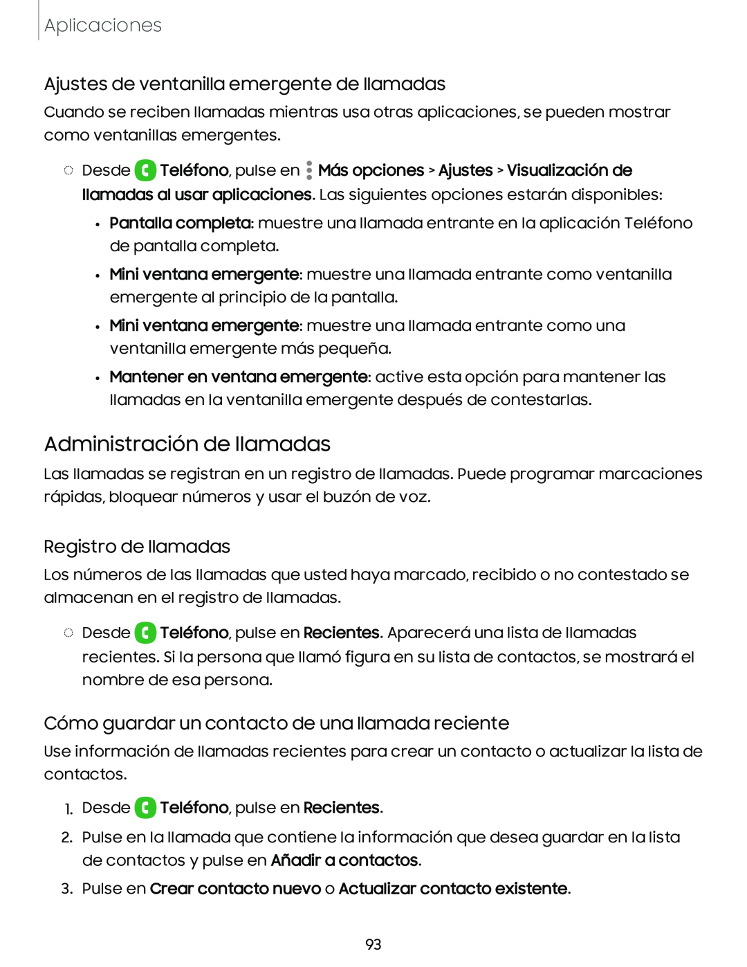 Ajustes de ventanilla emergente de llamadas Registro de llamadas