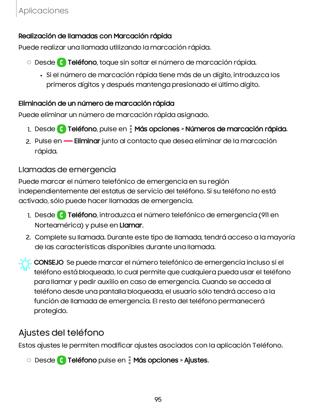 Llamadas de emergencia Ajustes del teléfono