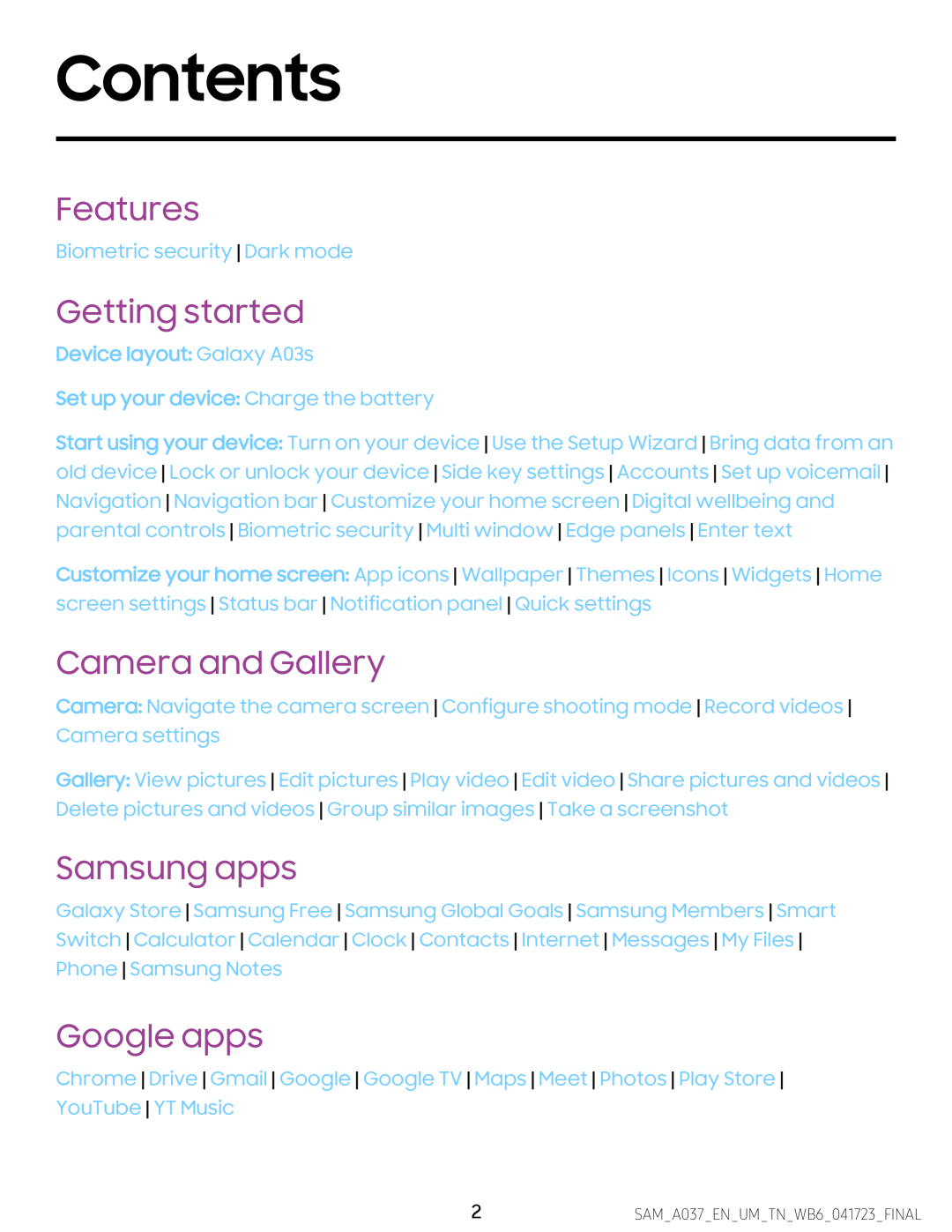 Features Galaxy A03s Tracfone