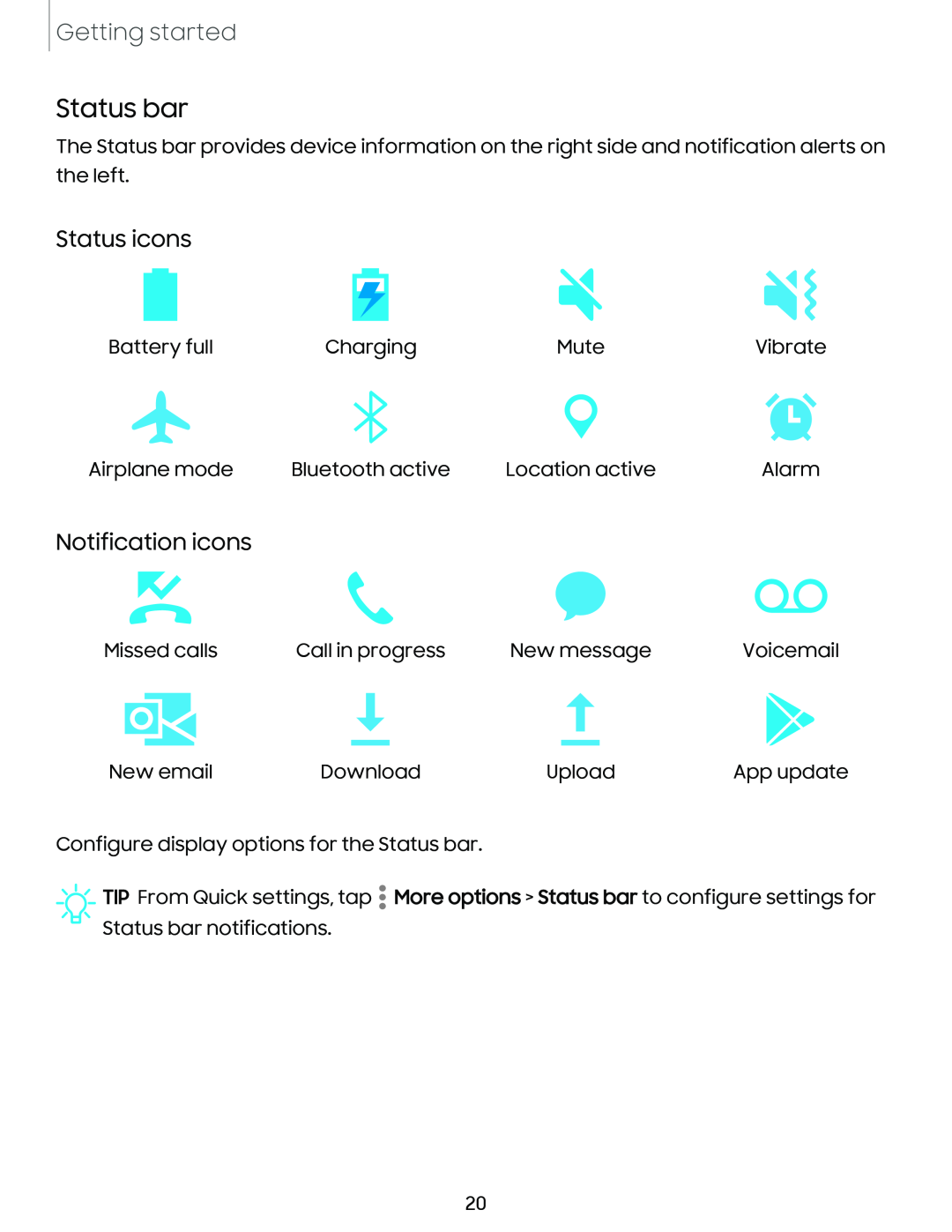 Status icons Galaxy A03s Tracfone