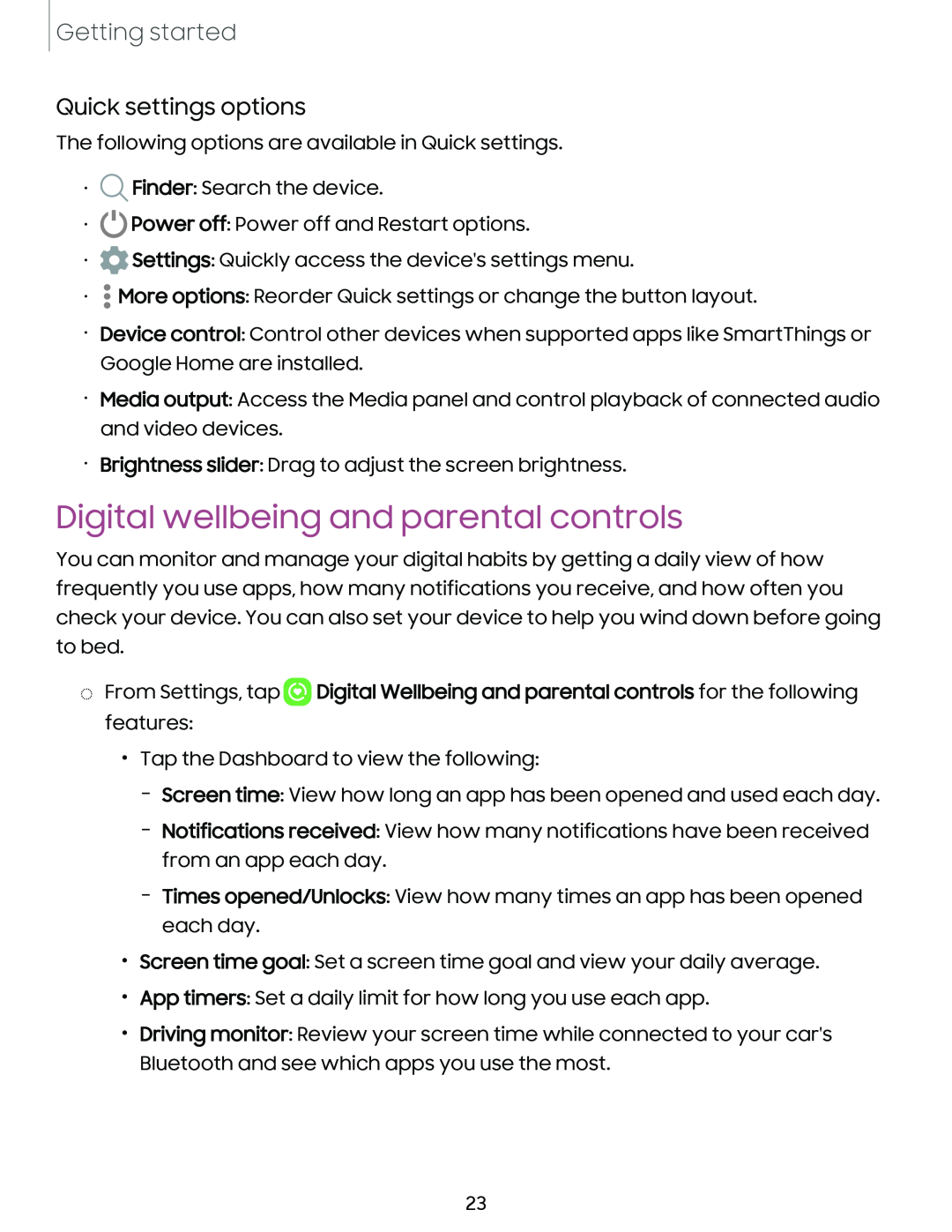 Quick settings options Galaxy A03s Tracfone