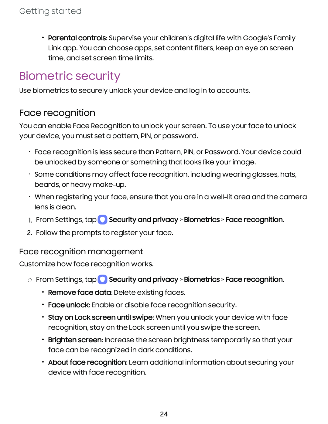 Face recognition management Galaxy A03s Tracfone