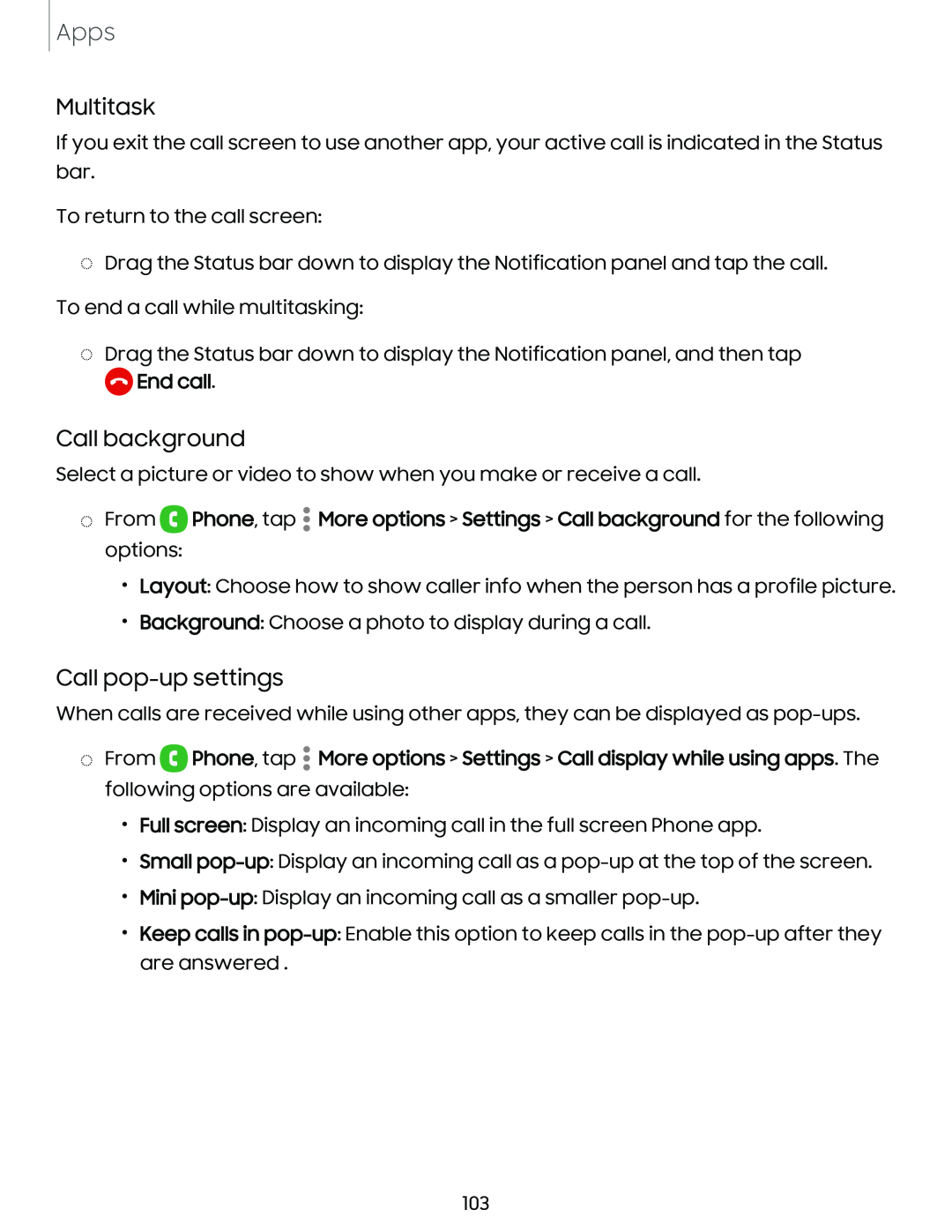 Call pop-upsettings Galaxy S23+ Verizon