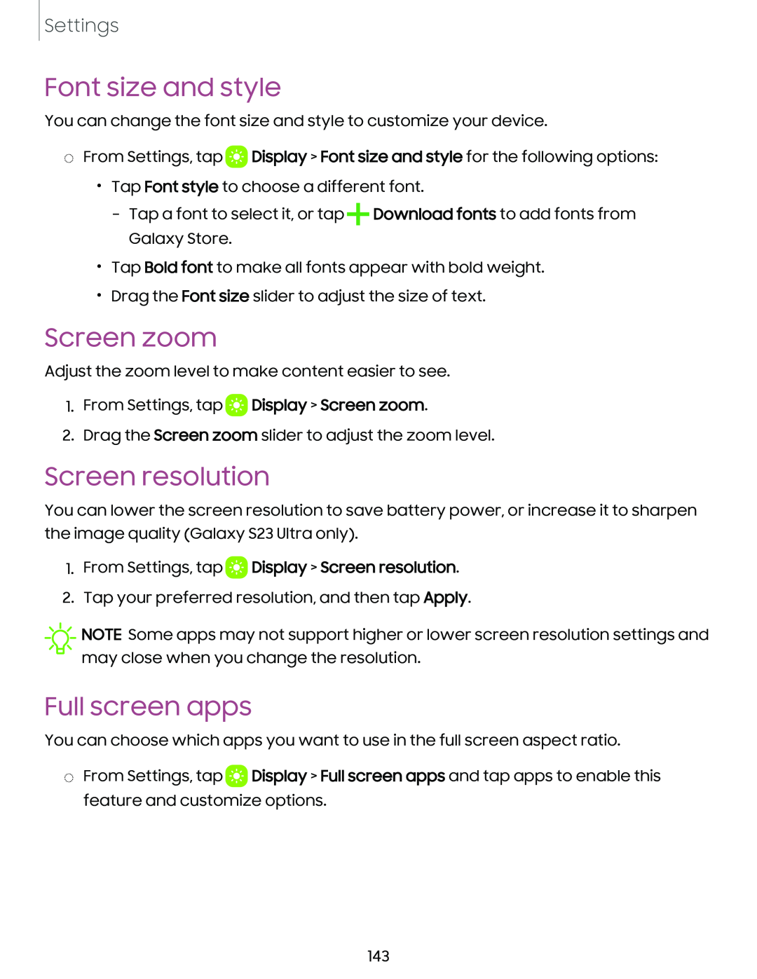 Screen zoom Galaxy S23 Ultra Verizon