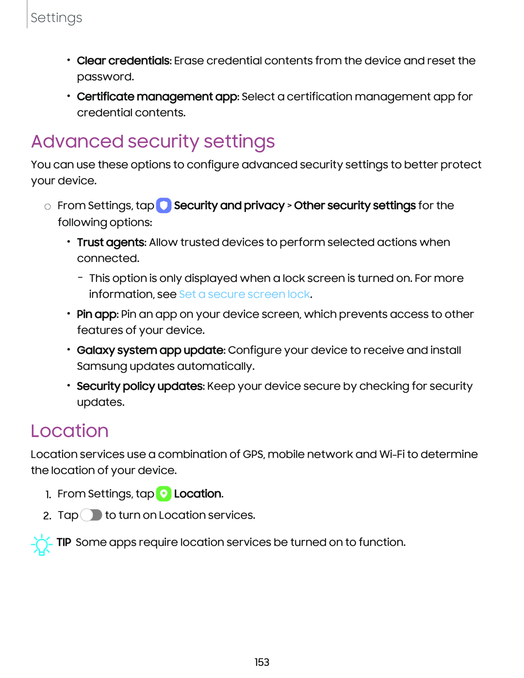 Advanced security settings Location