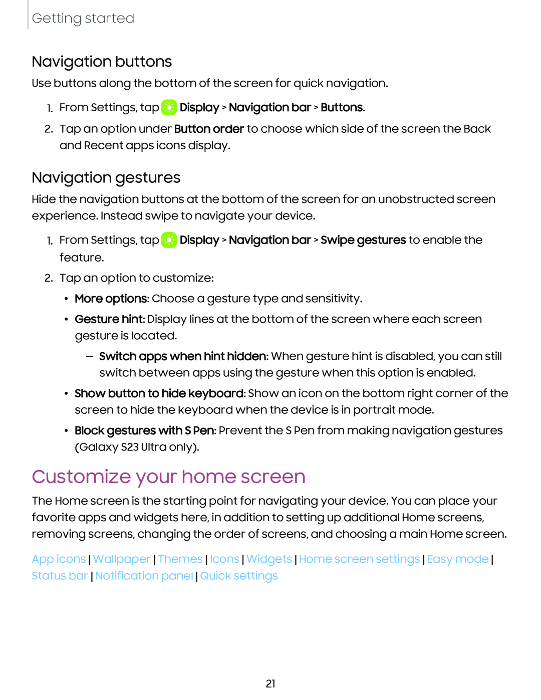 Navigation gestures Galaxy S23 Verizon