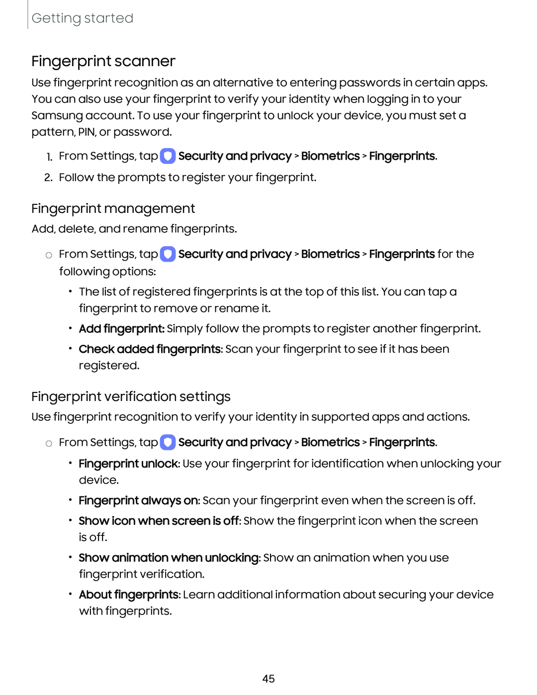 Fingerprint management Fingerprint verification settings