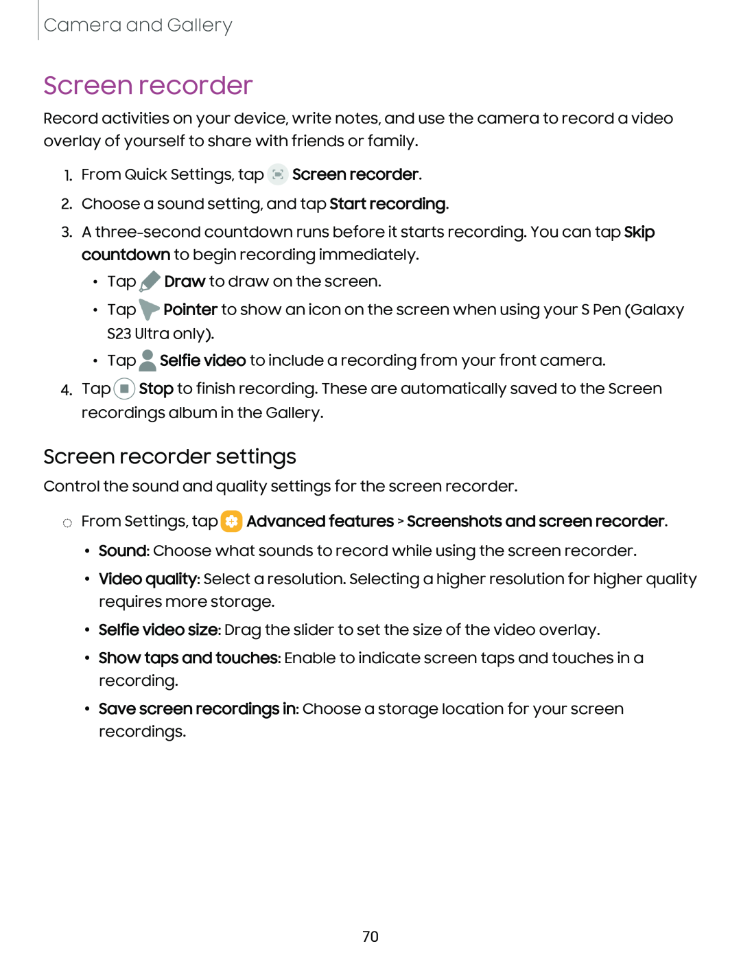 Screen recorder settings Galaxy S23+ Verizon