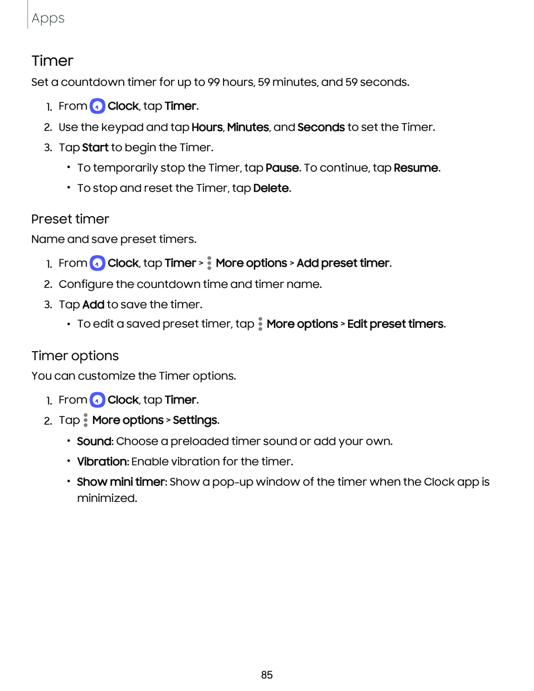 Timer options Galaxy S23 Verizon