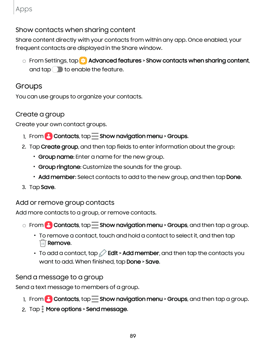 Show contacts when sharing content Galaxy S23 Verizon