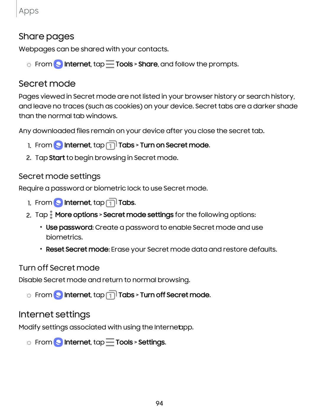 Secret mode settings Turn off Secret mode