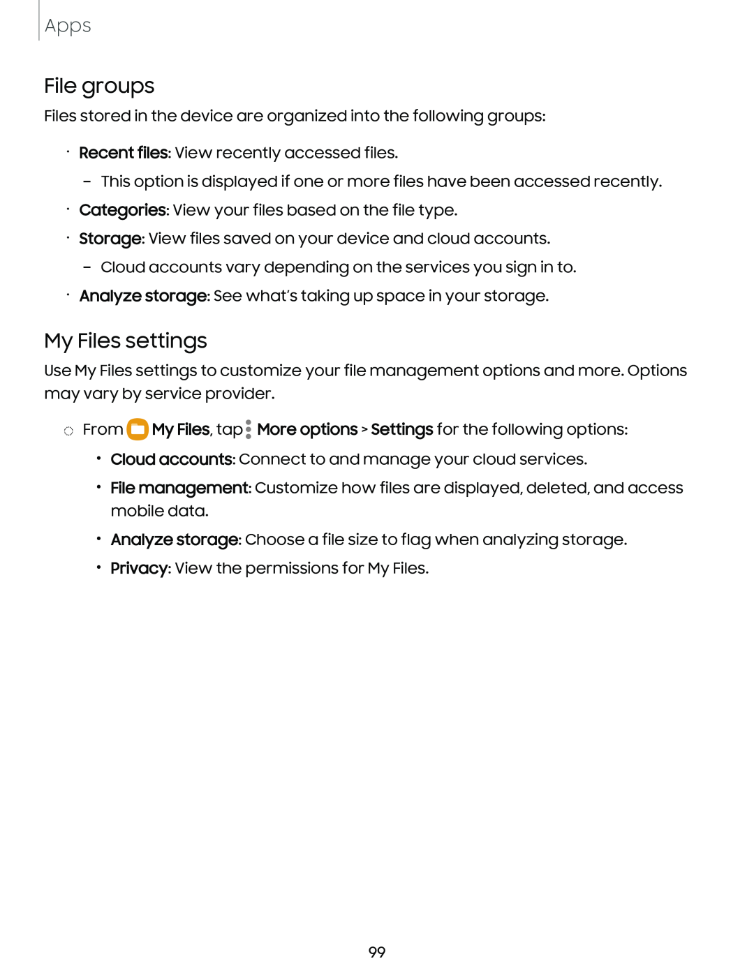 File groups My Files settings