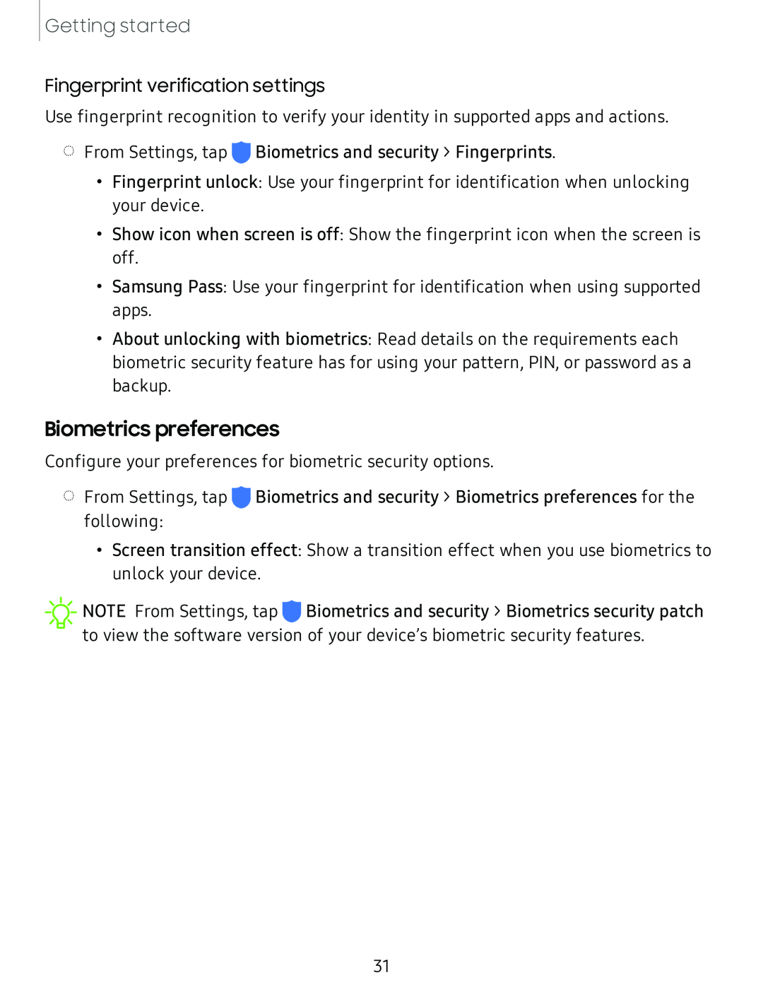 Biometrics preferences Galaxy A51 TracFone