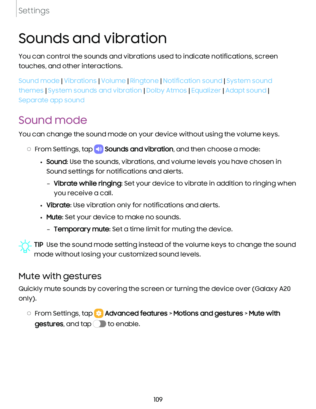 Mute with gestures Galaxy A20 Sprint