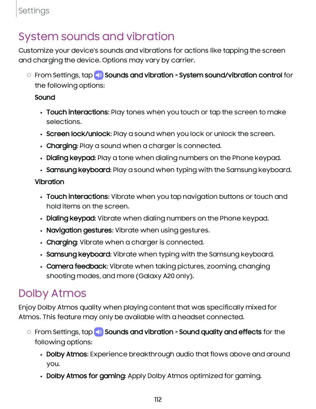 System sounds and vibration Galaxy A20 Sprint