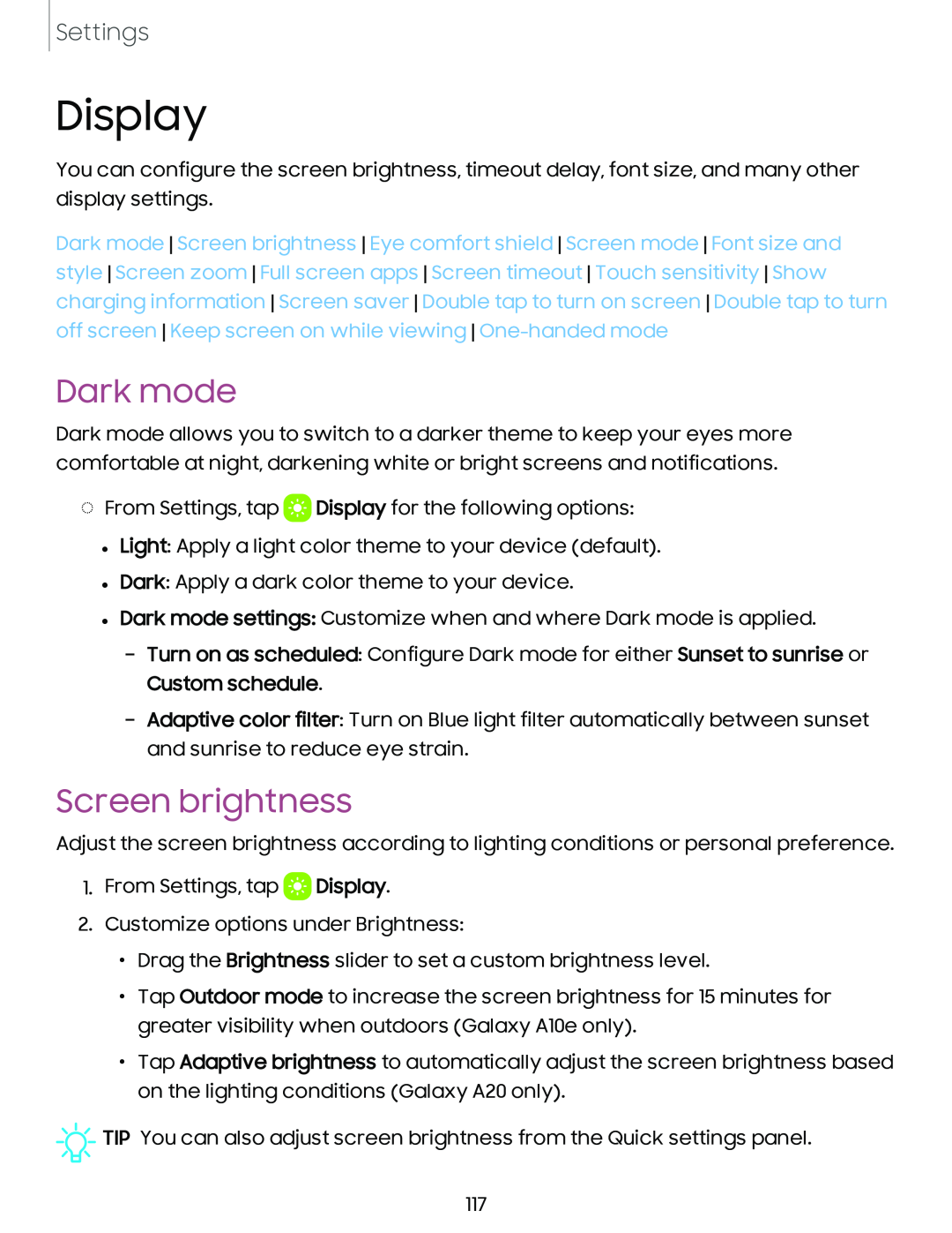 Screen brightness Galaxy A20 Sprint