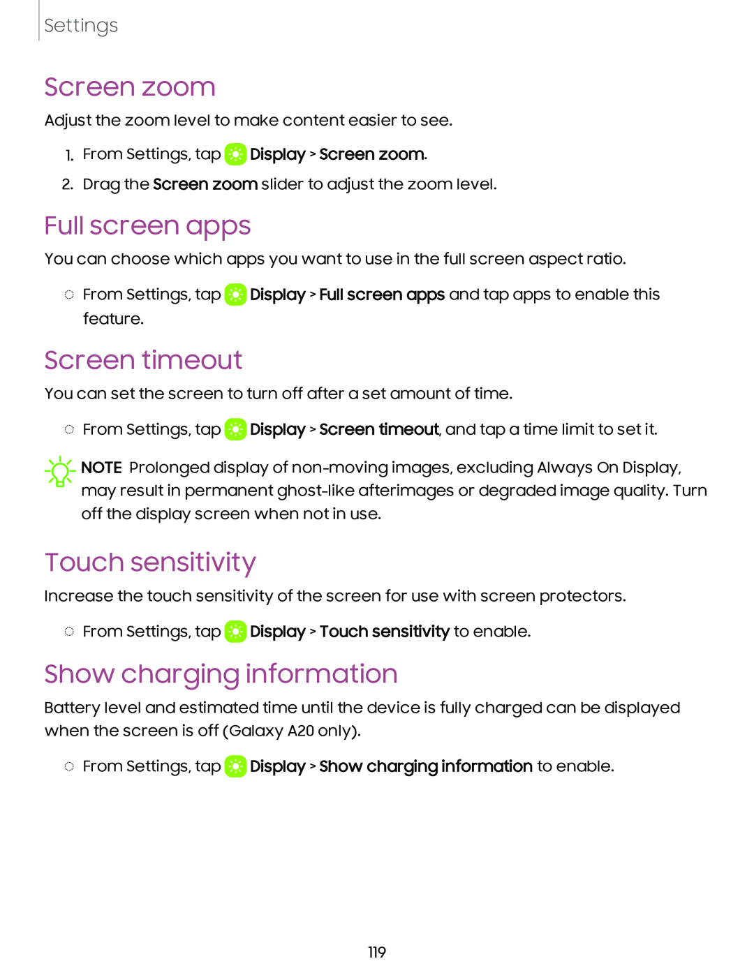 Show charging information Galaxy A20 Sprint