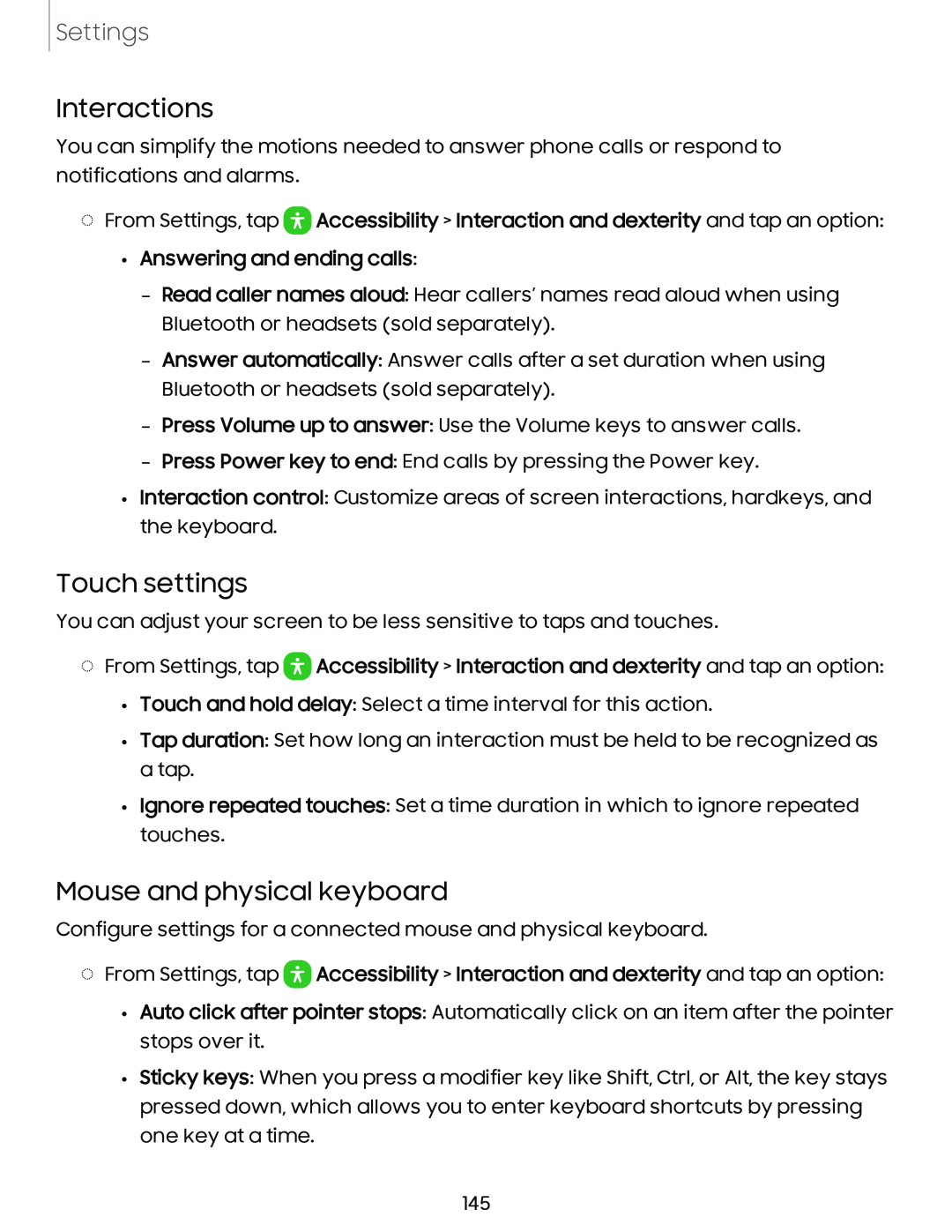 Interactions Touch settings