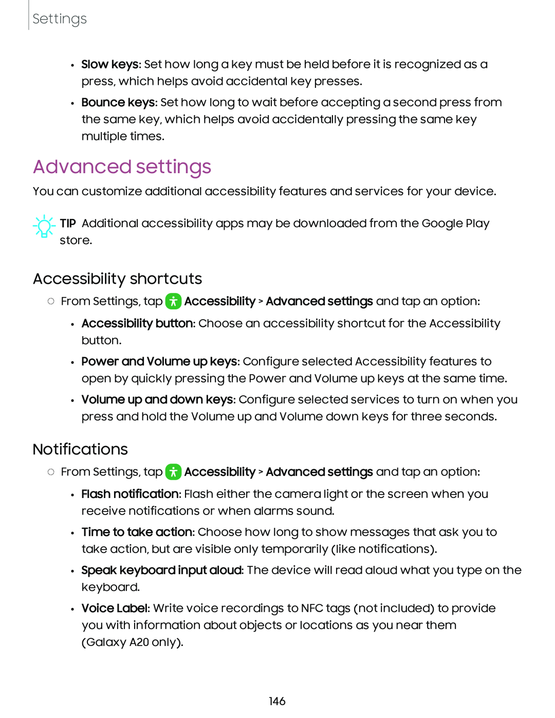 Accessibility shortcuts Galaxy A20 Boost Mobile