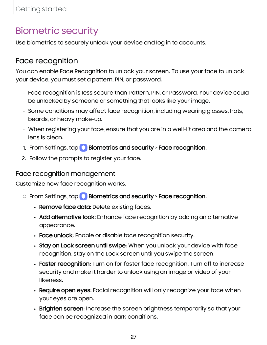 Face recognition management Galaxy A20 Sprint