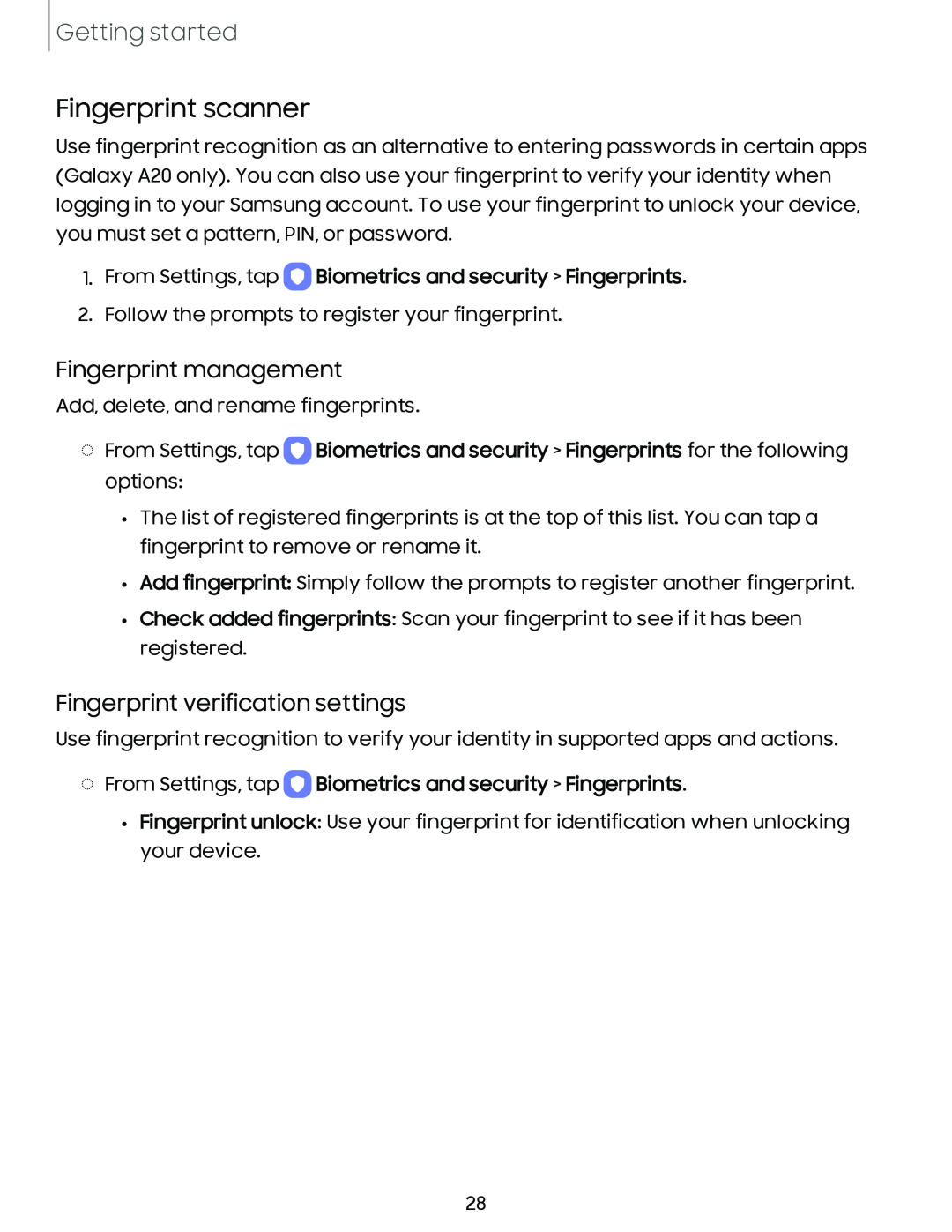 Fingerprint verification settings Galaxy A20 Sprint