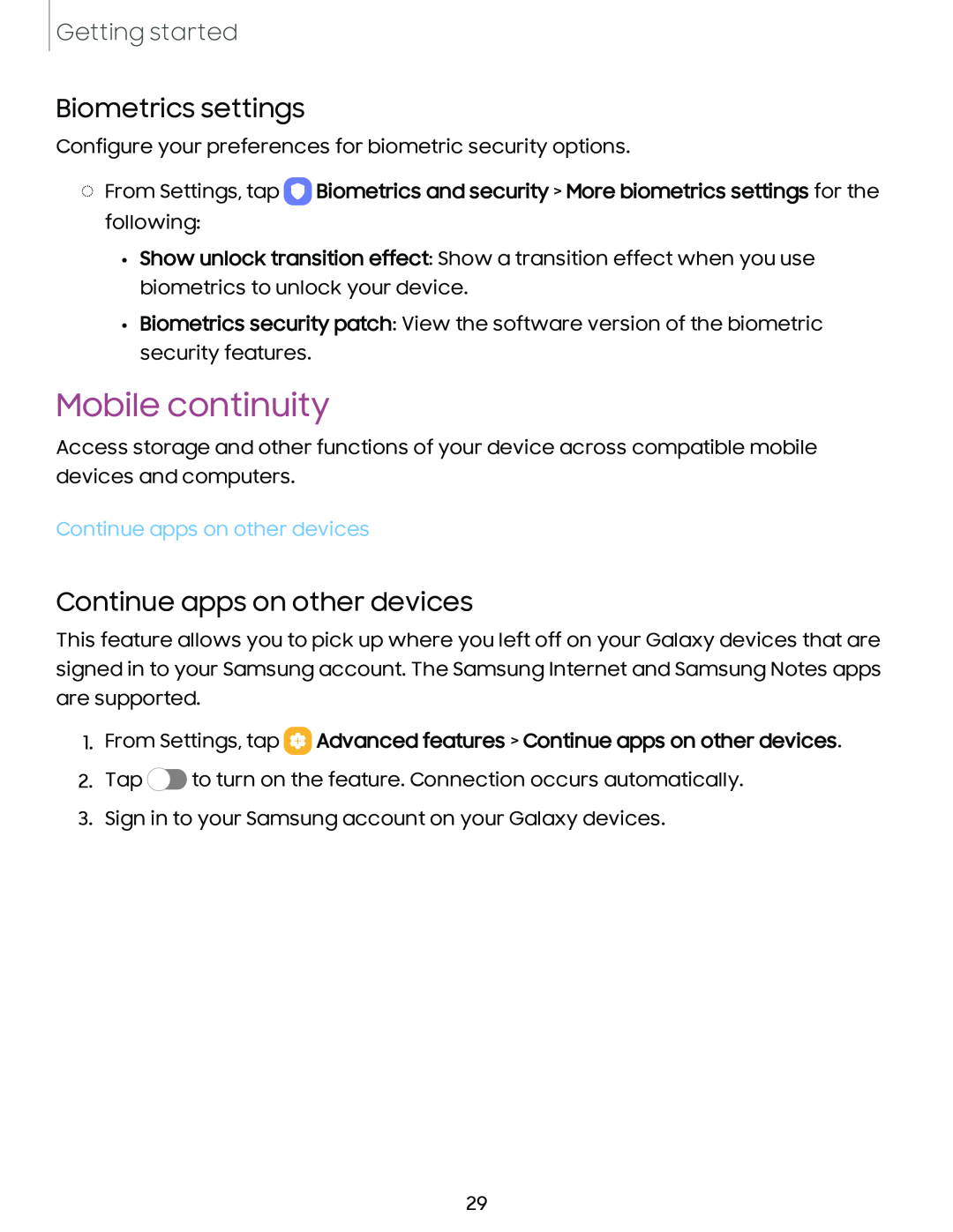 Biometrics settings Continue apps on other devices