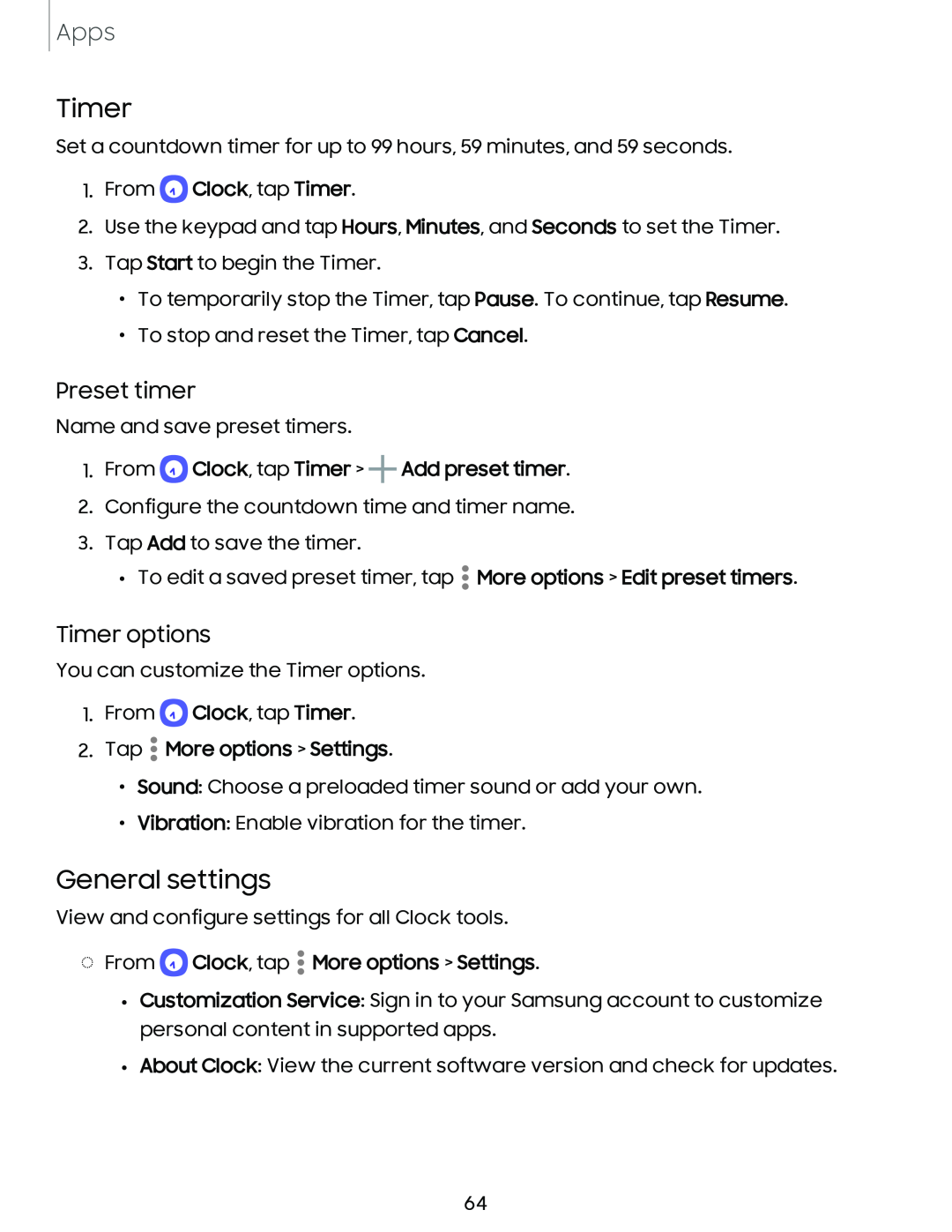 Preset timer Timer options