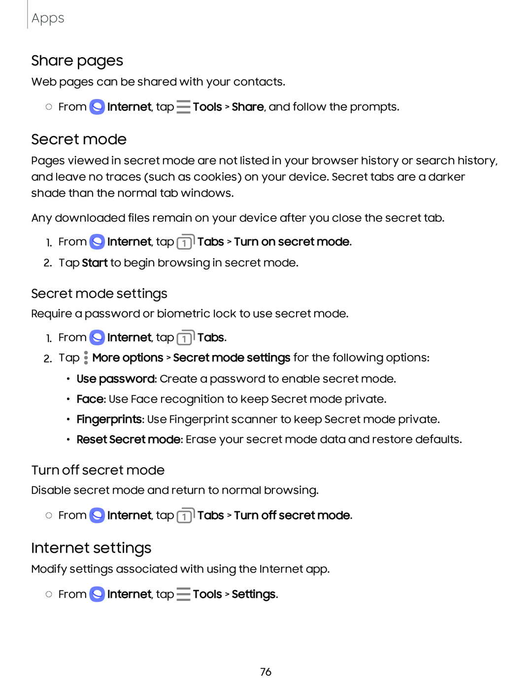 Secret mode settings Turn off secret mode