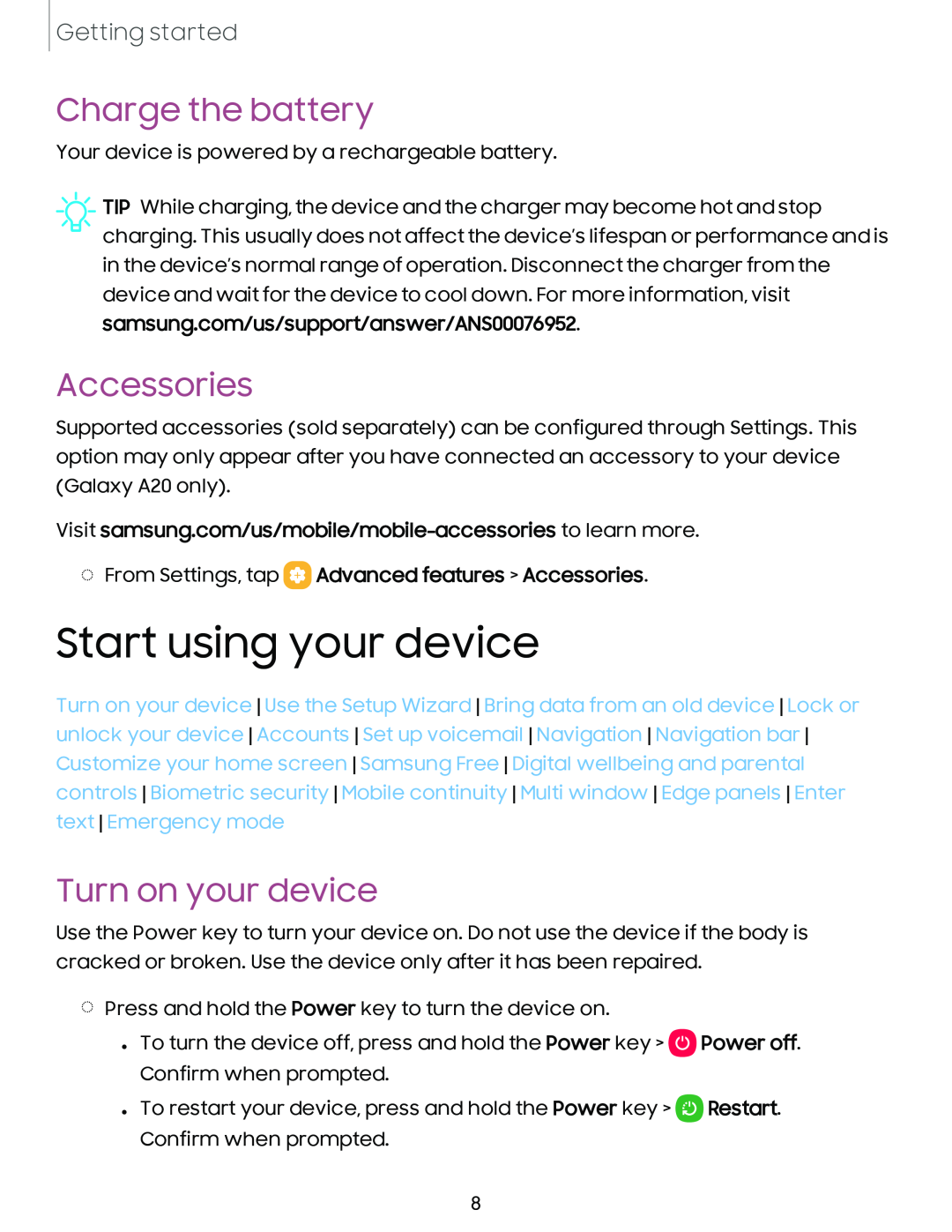 Charge the battery Galaxy A20 Virgin Mobile