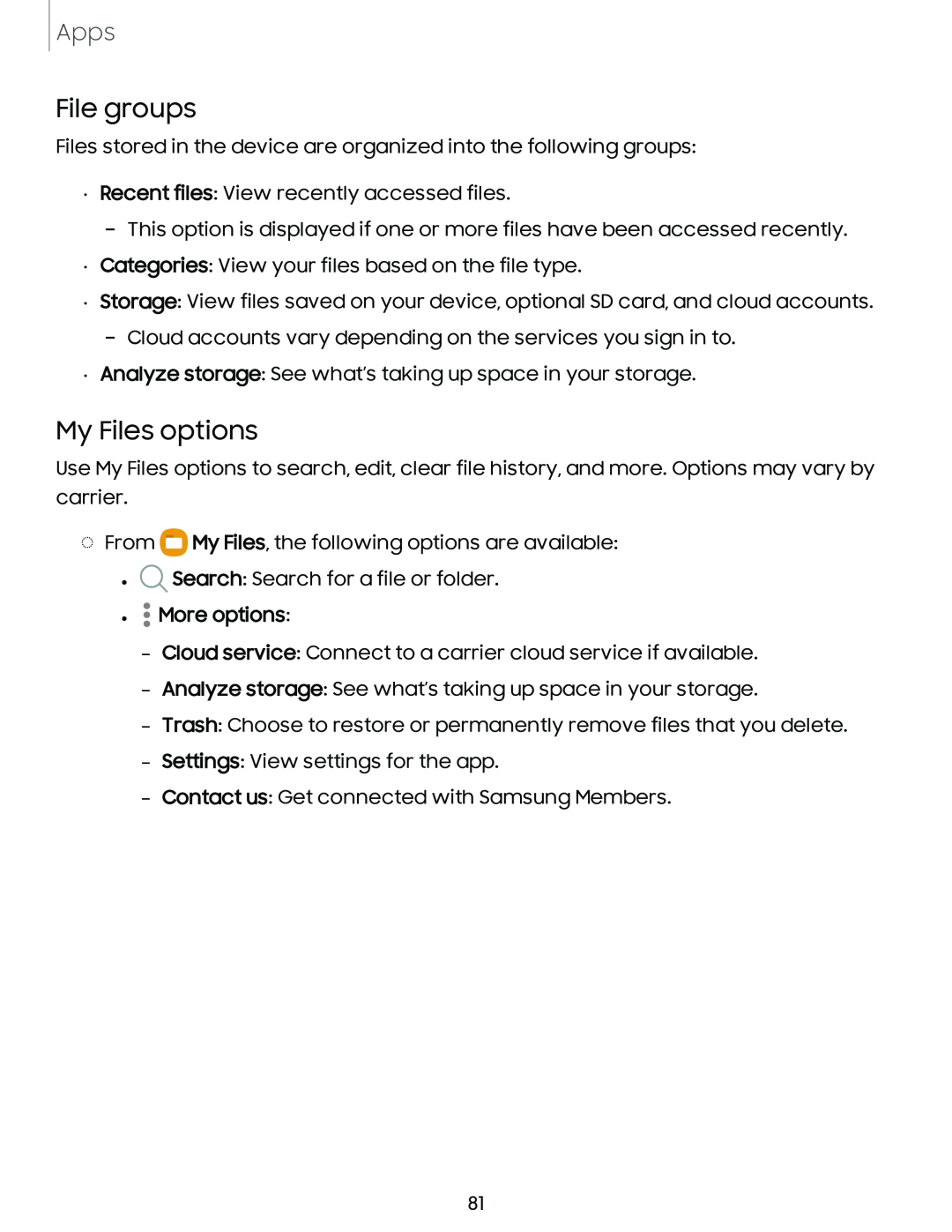 File groups My Files options