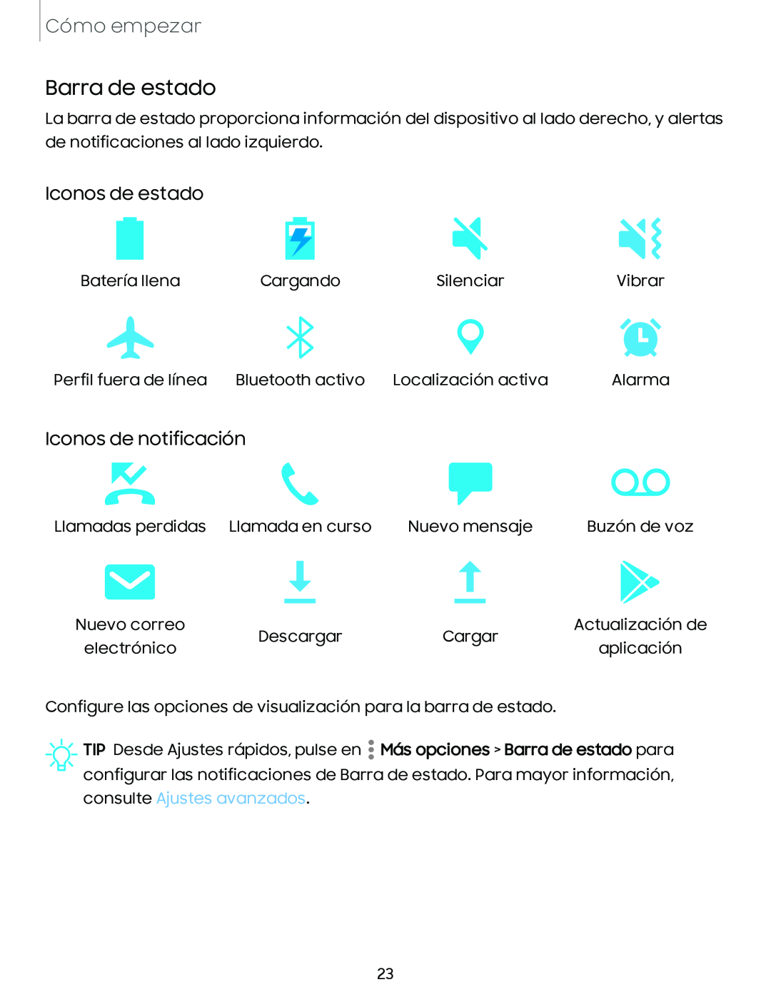 Iconos de notificación Galaxy A10e TracFone