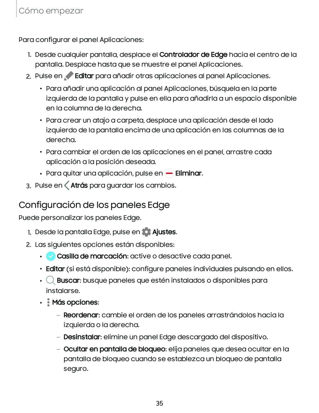 Configuración de los paneles Edge Galaxy A10e TracFone