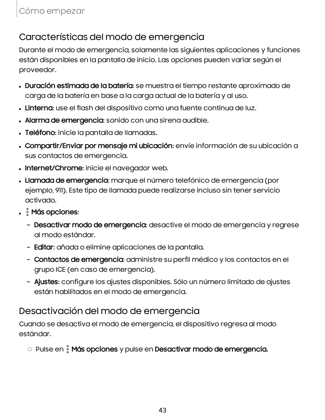 Características del modo de emergencia Galaxy A10e TracFone