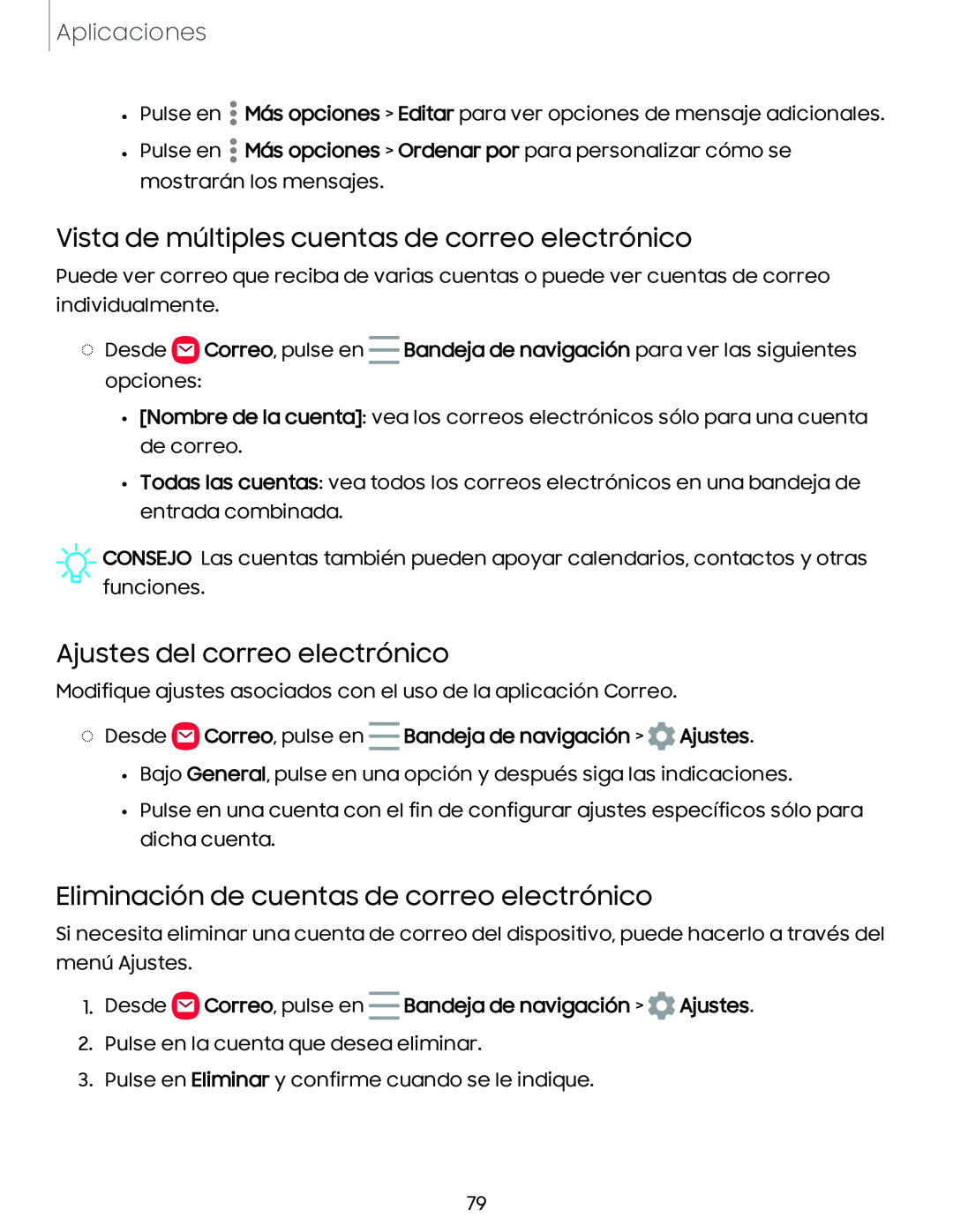 Vista de múltiples cuentas de correo electrónico Galaxy A10e TracFone